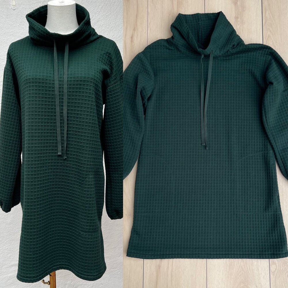 Max Studio Waffle Knit Dark Green Cowl Neck Long Sleeve Mini Dress Size Large - Picture 6 of 16